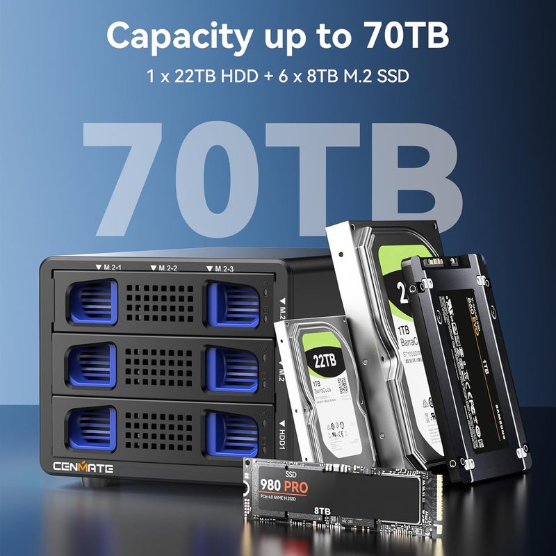 cenmate Hybrid 2.5/3.5" SATA HDD/SSD+6* M / B+M Key M.2 NVMe Enclosure with Cooling Fan and USB A/C 3.2 Gen 2, Hard Drive Enclosure Support 70TB(22TB HDD+6*8TB 2230/2242/2260/2280/22110 SSDs) - Image 3